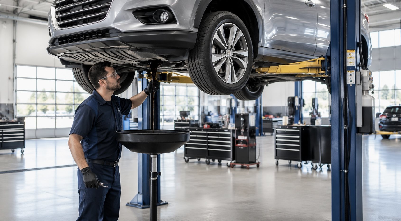Full synthetic motor oil being added to a modern engine during an oil change