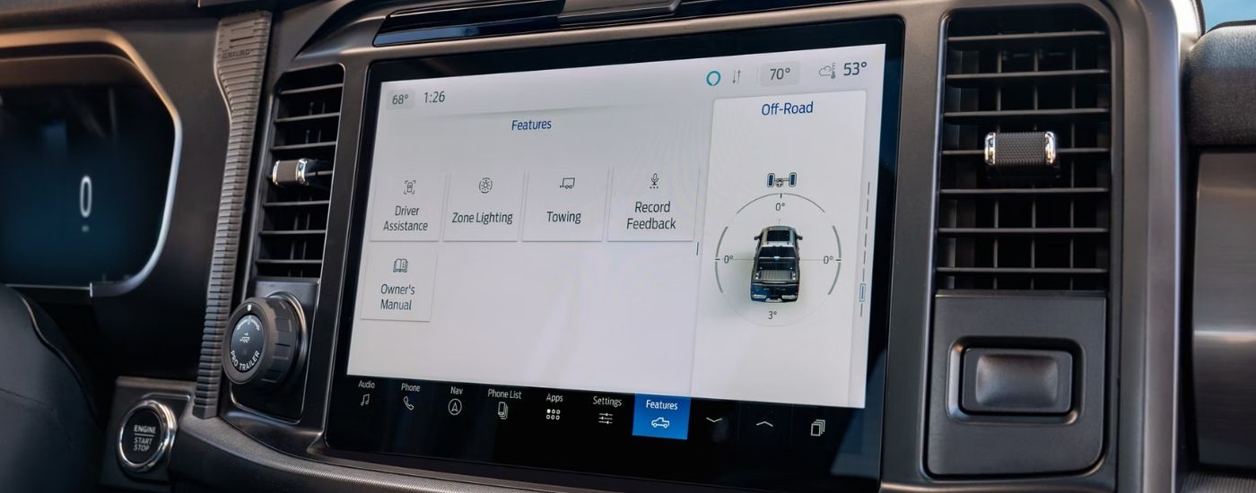 The infotainment display on a 2026 Ford F-150 showing some features.