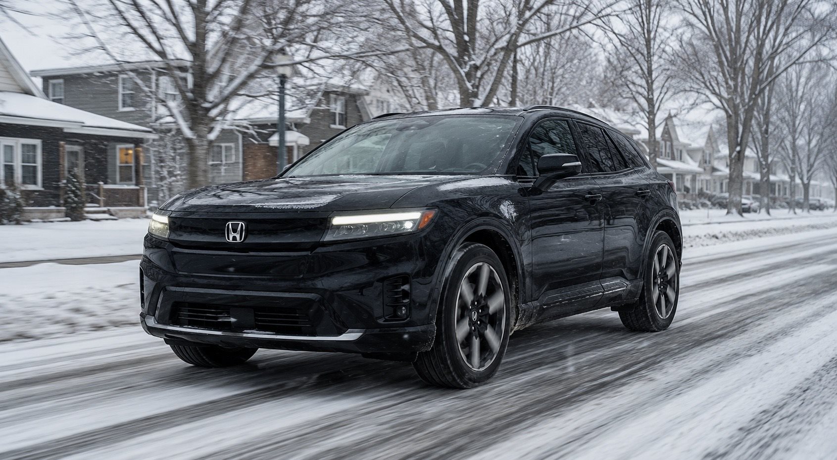 Honda Prologue driving on a snowy Lake County road in winter