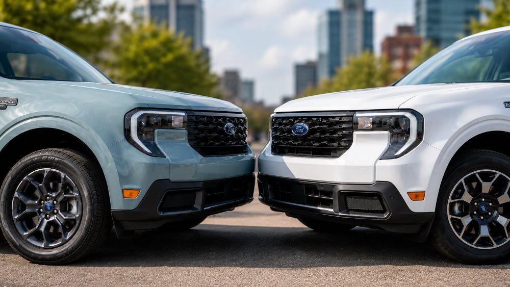 Two 2026 Ford Maverick pickups parked at Murgado Ford of Chicago in Bucktown