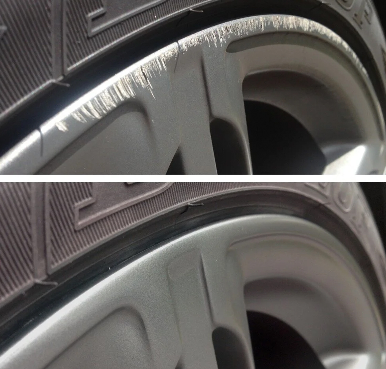 Before and after wheel repair showing curb rash removed and the alloy wheel refinished at Feldmann Imports