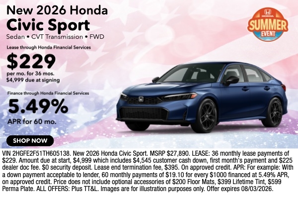 Lease a New 2026 Honda Civic Sedan Sport