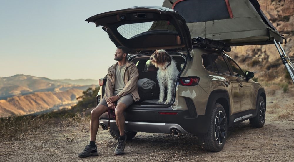 Sand 2026 Mazda CX-50 parked off-road with a man and dog sitting in the cargo area.