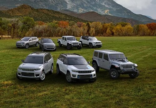 Jeep SUV Fleet Parked by a Mountain