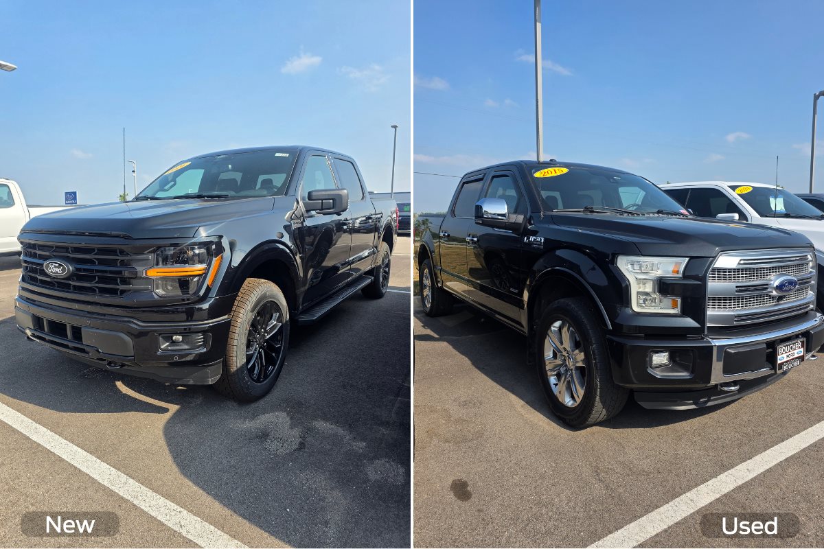 Side-by-side comparison of a new Ford F-150 and a pre-owned Ford F-150 at Gordie Boucher Ford of Kenosha.