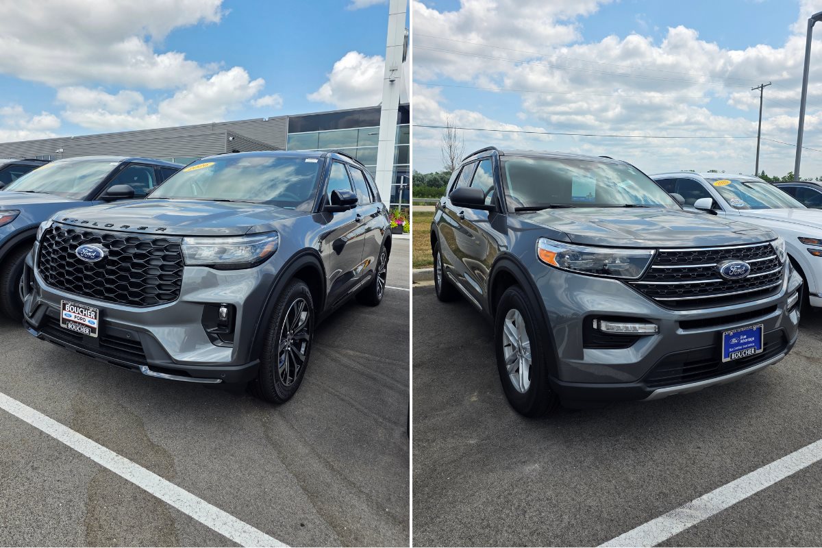 New and pre-owned Ford Explorer SUVs displayed side by side at Gordie Boucher Ford of Kenosha.