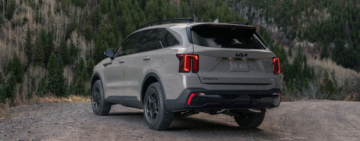Rear view of a 2026 Grey Kia Sorento parked on a dirt trail in the woods.