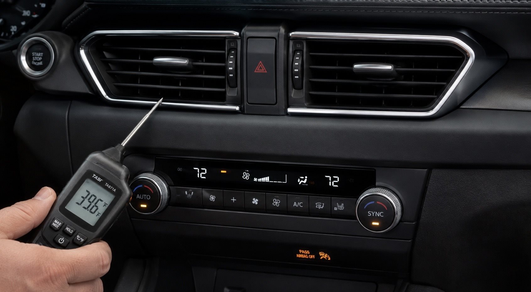 Mazda climate control panel and center vents during an A/C performance check
