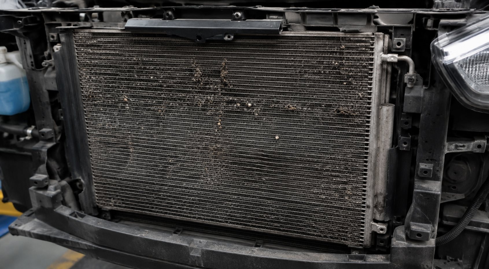 Salt and debris accumulation on a Mazda A/C condenser inspected at Brickell Mazda
