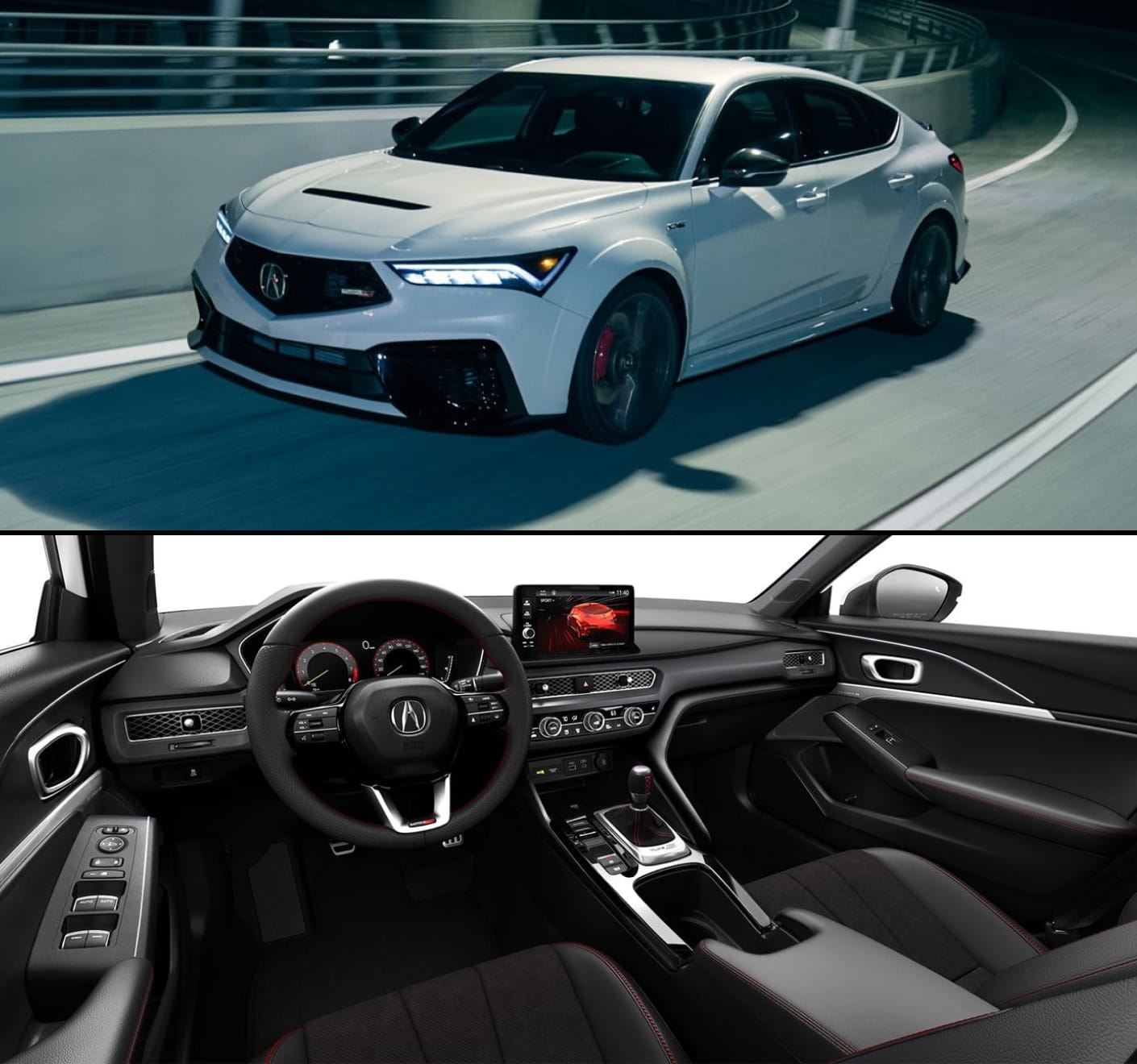 Split image showing a white Acura Integra Type S driving at night above and its driver-focused interior with a digital display and center console below.