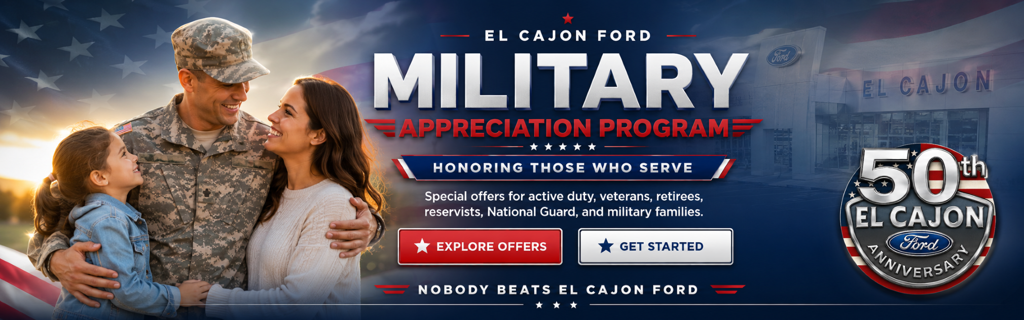 Military service member with spouse and child featured in El Cajon Ford's Military Appreciation Program banner.