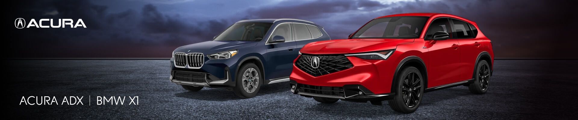 A blue BMW X1 and a red Acura ADX parked in a dark empty lot at dusk.