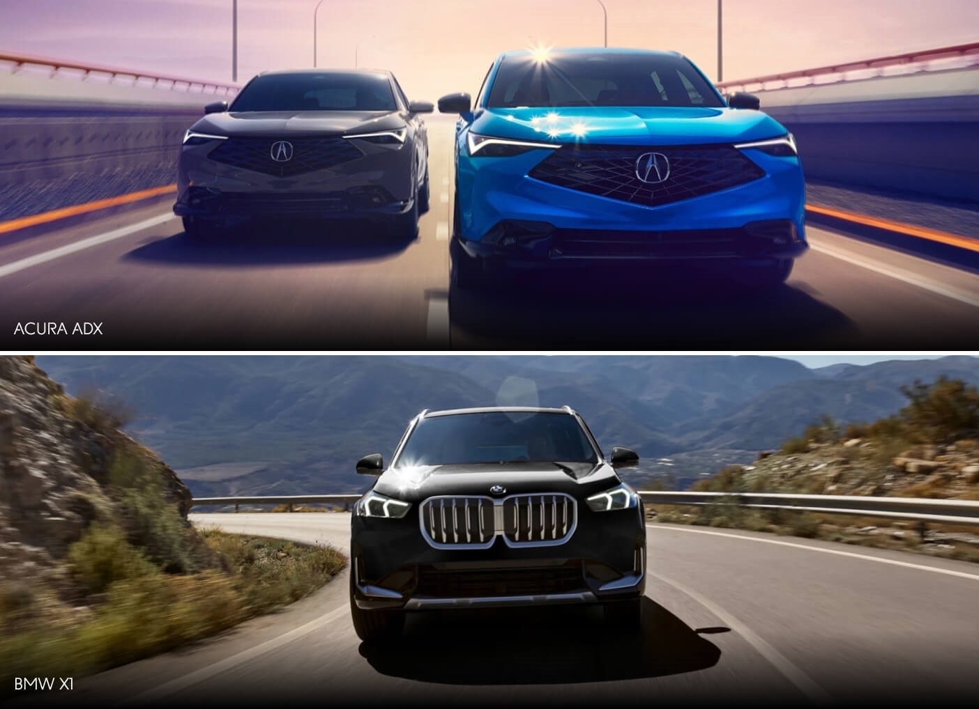 Front action shots of Two Acura ADX cars driving on a race track and one BMW X1 on a sunny switchback.