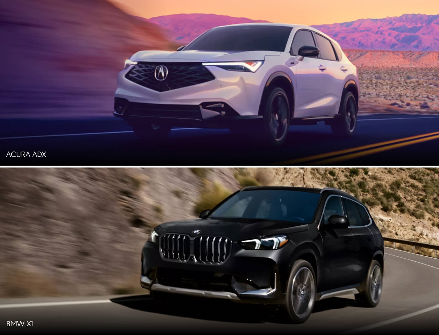 Three-quarter action shots of a silver Acura ADX and a black BMW X1 driving down country highways.