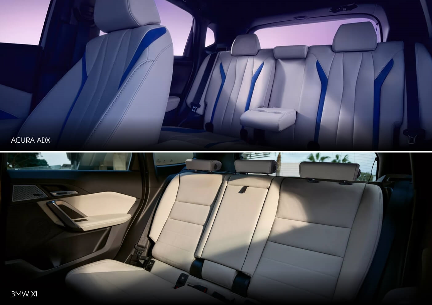 Interior shots of Acura ADX and BMW X1, both showing leg room and cabin space.