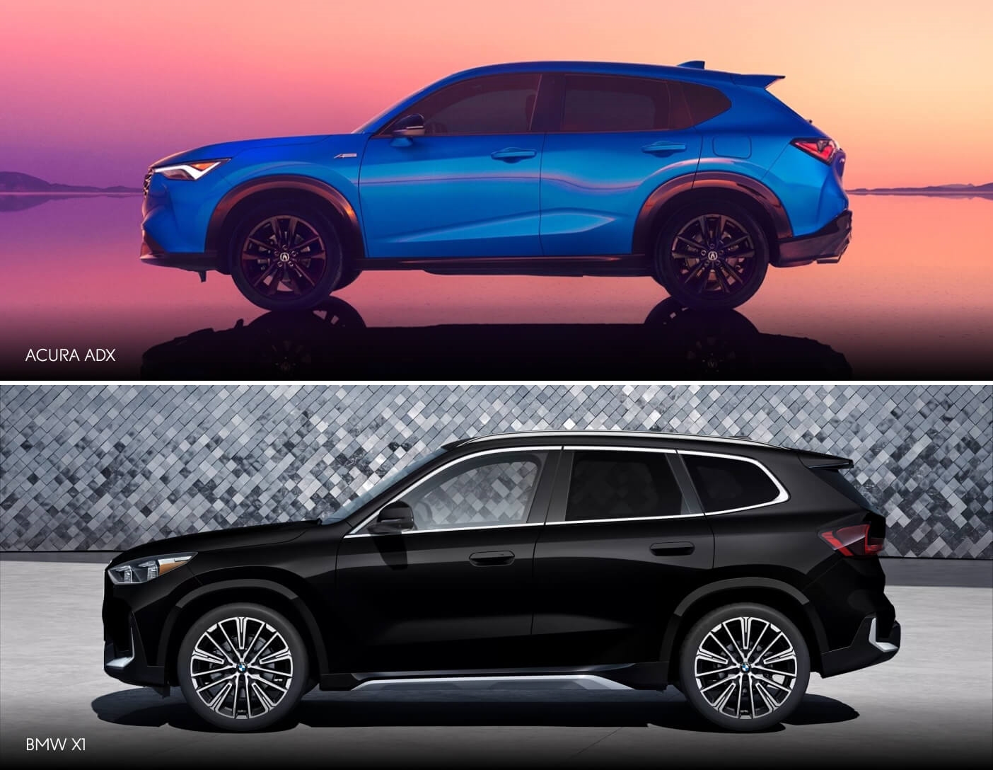 Exterior side views of an Acura ADX against a pink sky and a black BMW X1 in front of a silver wall.