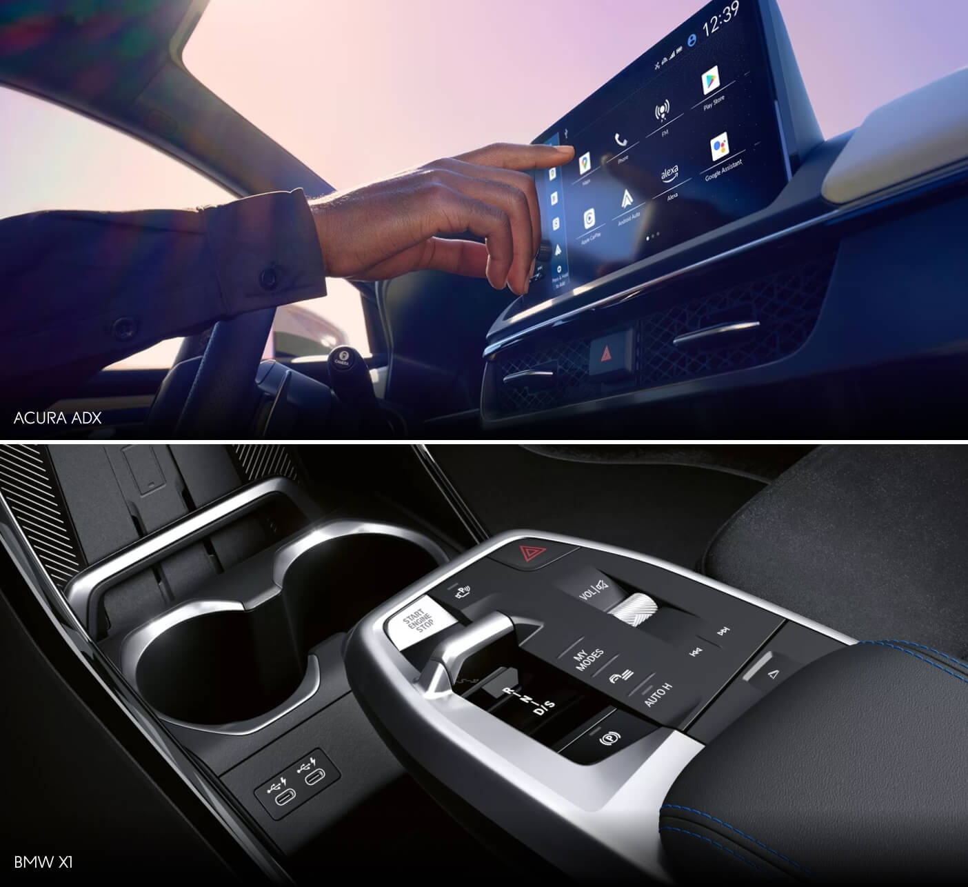 Interior close-ups of Acura ADX touchscreen navigation system and BMW X1 center console.