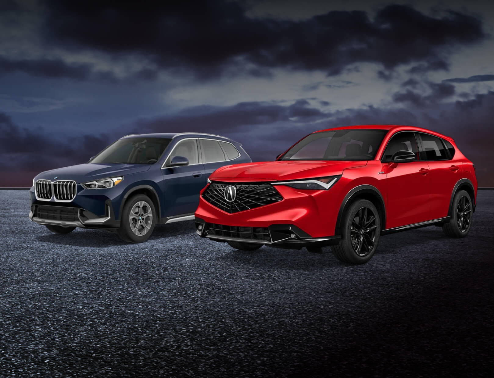 A blue BMW X1 and a red Acura ADX parked in a dark empty lot at dusk.