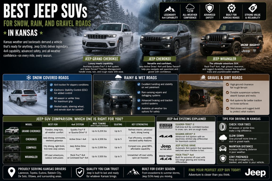 Best Jeep SUVs for Snow, Rain, & Gravel Roads in Kansas
