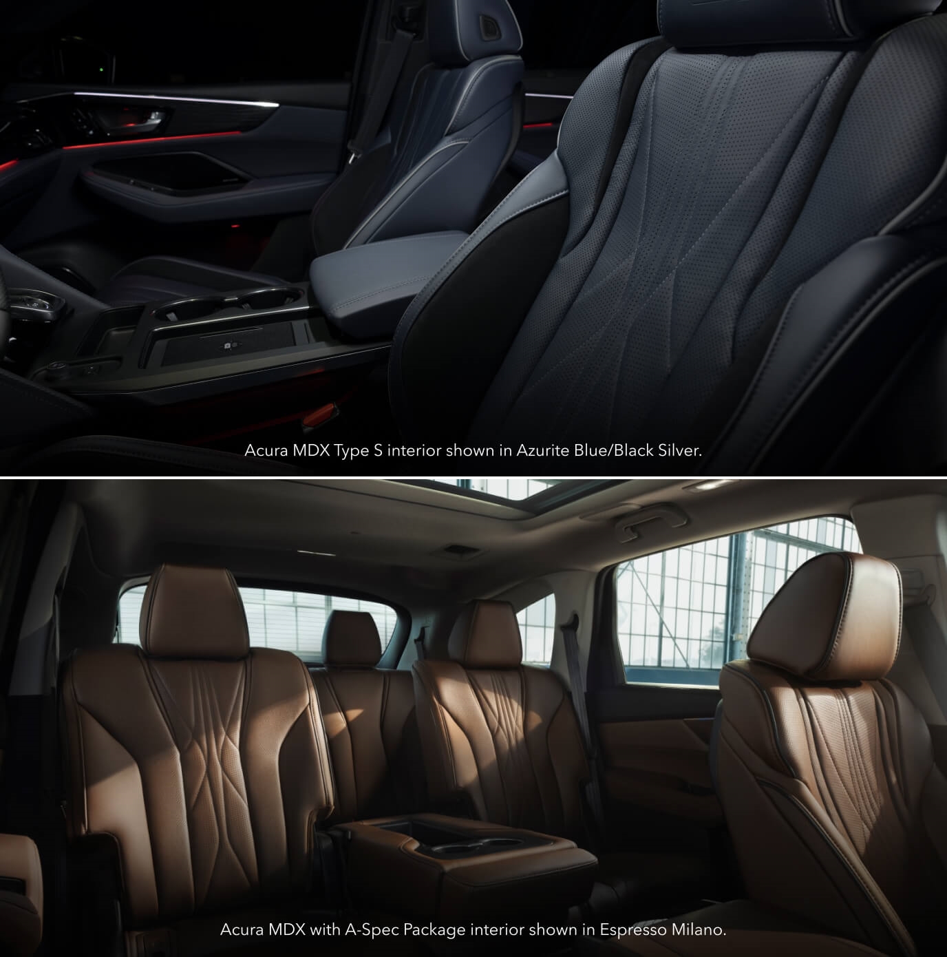 Close-up view of an Acura MDX Type S interior showing Azurite Blue leather seats in a dark studio. Interior cabin view showcasing an Acura MDX A-Spec with brown leather seats and an open sunroof.