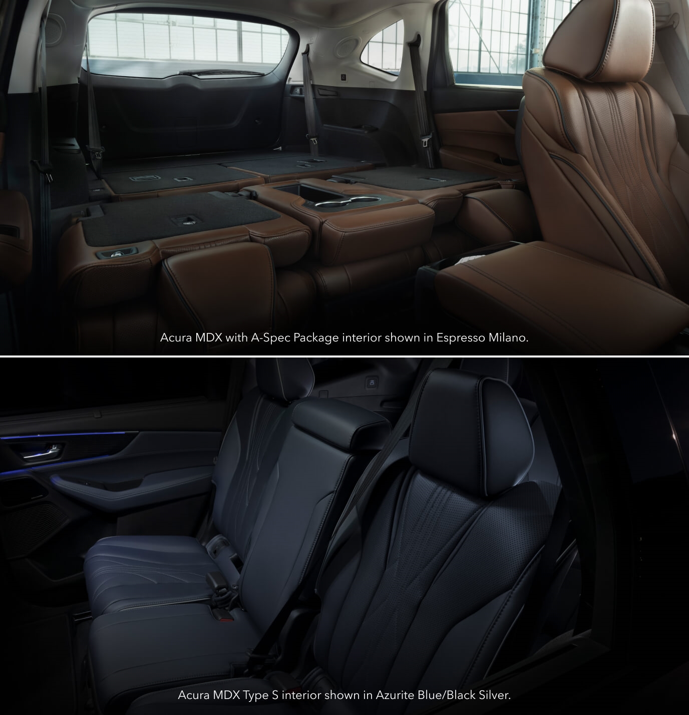  Interior rear view showing folded rows maximizing cargo space of an Acura MDX A-Spec in an industrial setting. Interior rear seat view showcasing an Acura MDX Type S with premium Azurite Blue seats in a dark studio.
