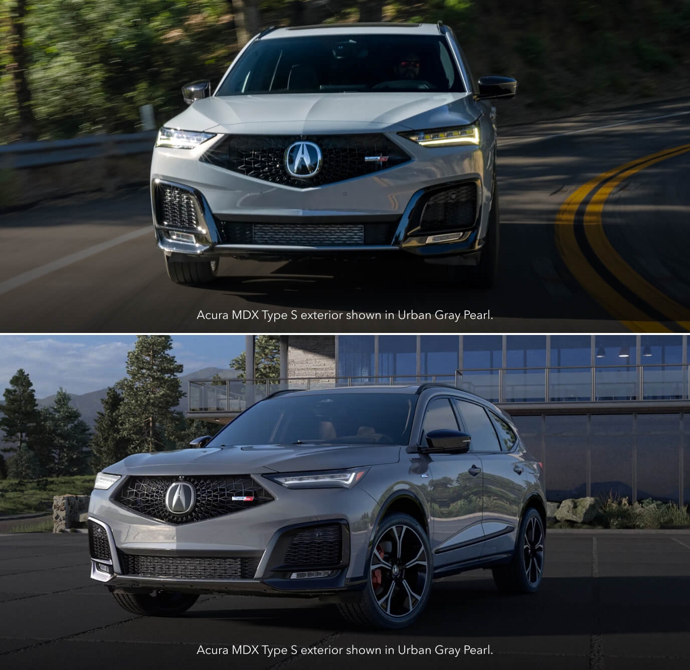 Front view action shot of a gray Acura MDX Type S driving dynamic speed down a canyon highway. Front three-quarter view of a gray Acura MDX Type S parked on a stone driveway.