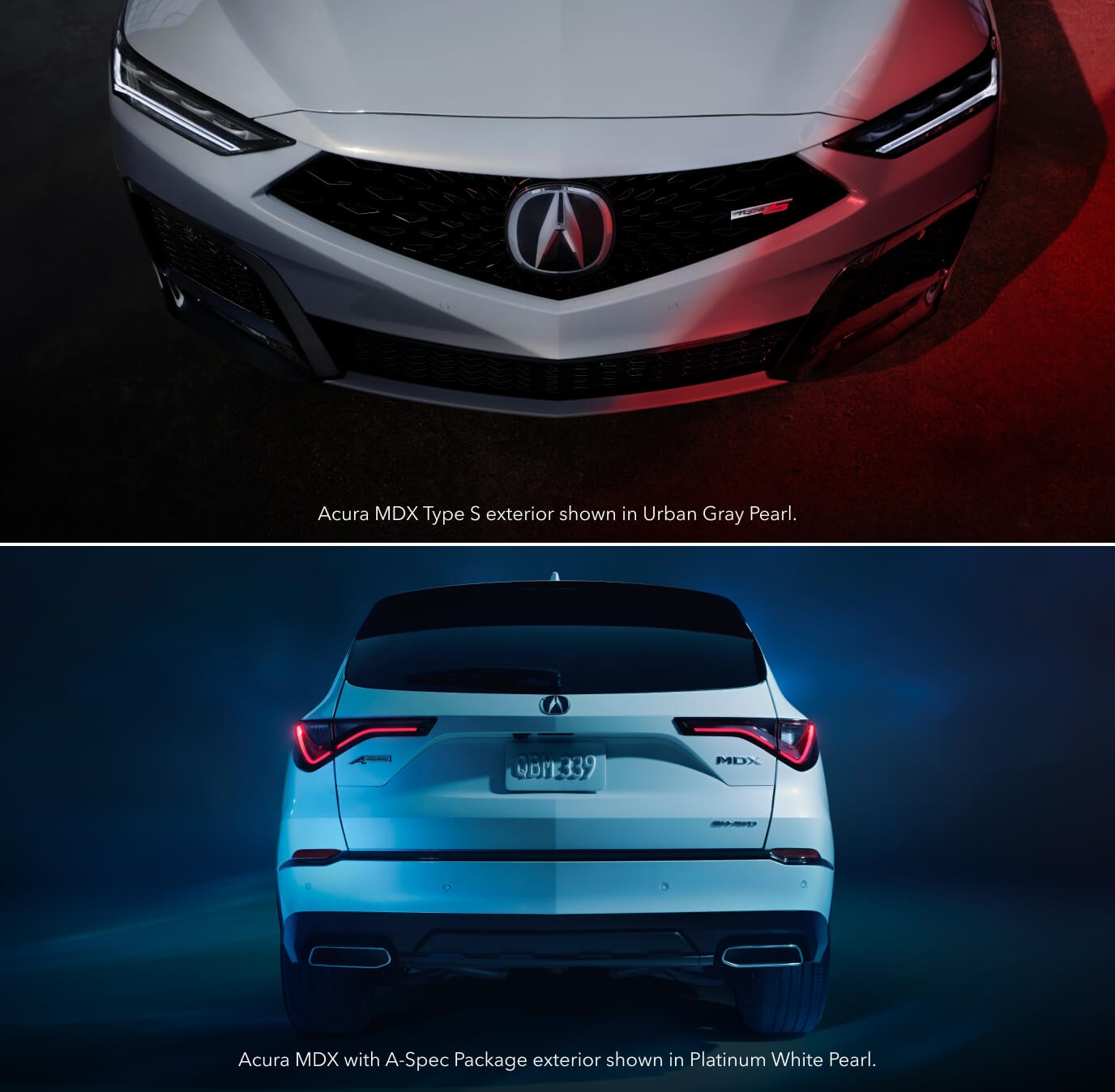 Close-up view focusing on the front grille and emblem of a gray Acura MDX Type S in a studio setting. Rear view highlighting the illuminated taillights of a white Acura MDX A-Spec in a dark studio setting.