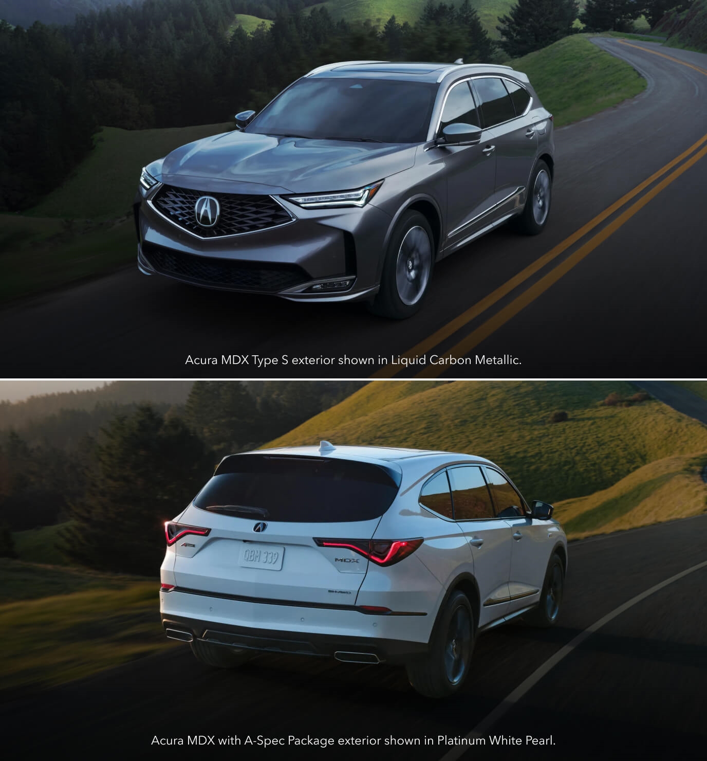Front three-quarter high-angle view of a metallic gray Acura MDX Type S cruising hillside road. Rear three-quarter view of a white Acura MDX A-Spec cruising along a winding asphalt hillside road.