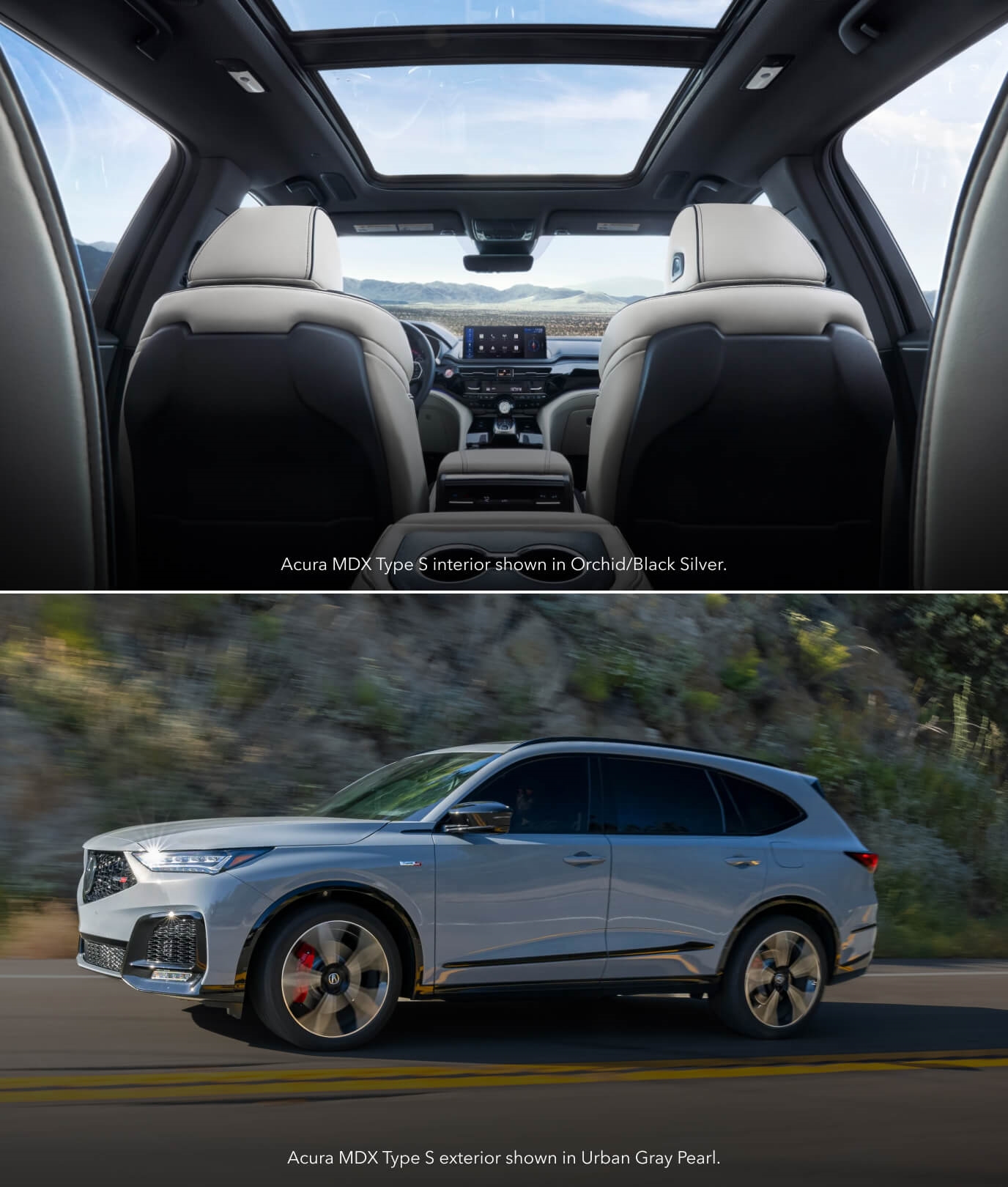 Interior cabin view looking forward showing Orchid leather seats and a panoramic sunroof. Side profile view of a gray Acura MDX Type S driving dynamic speed down a winding canyon highway.