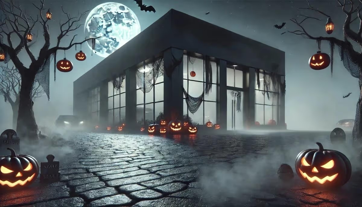 Halloween pumpkins and trees adorn the front of a car dealership, creating a vibrant and spooky autumnal display.