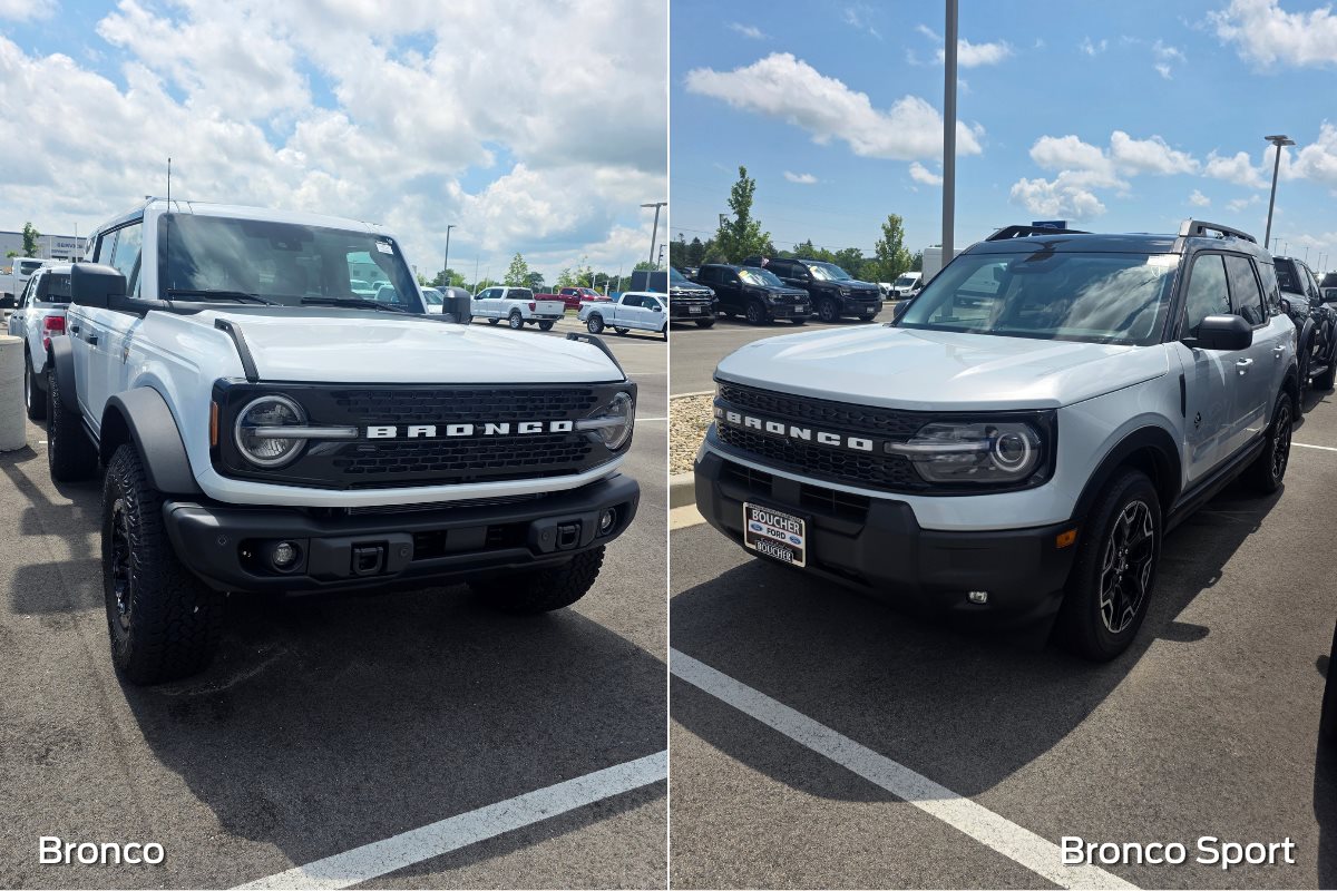 Split image comparing a white Ford Bronco and a white Ford Bronco Sport parked at Boucher Ford Kenosha, highlighting the differences between the two SUVs.