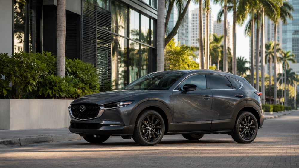 Mazda CX-30 and Mazda CX-5 parked side by side at Brickell Mazda in Miami