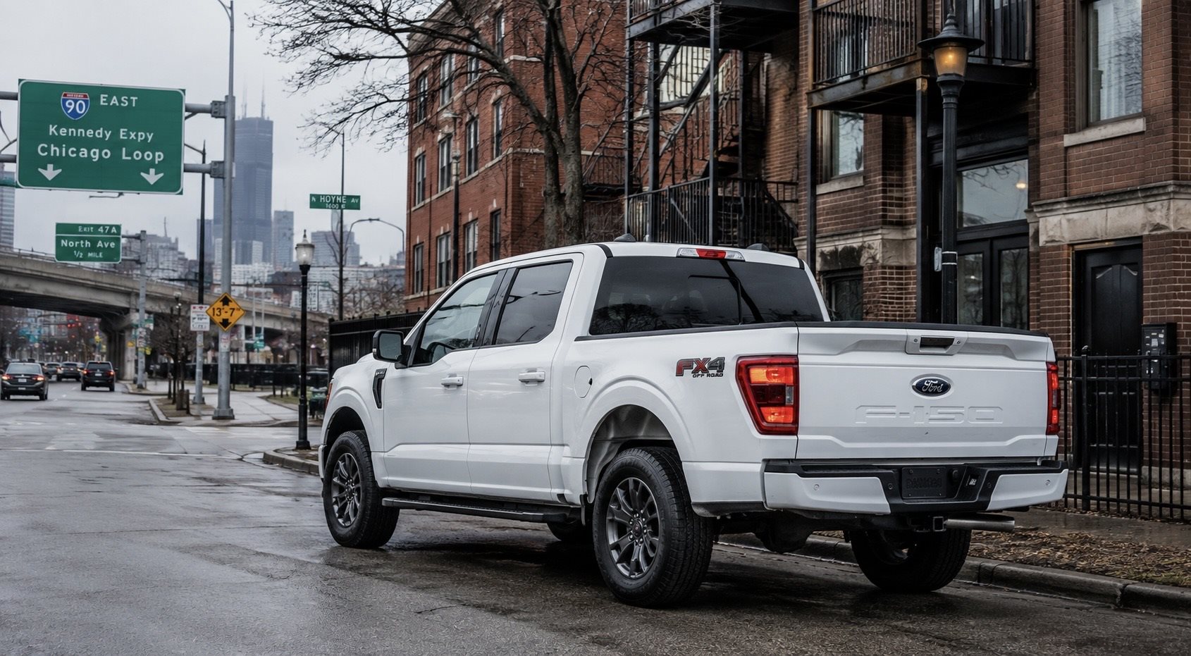 2026 Ford F-150 parked on an urban Chicago street near the Kennedy Expressway