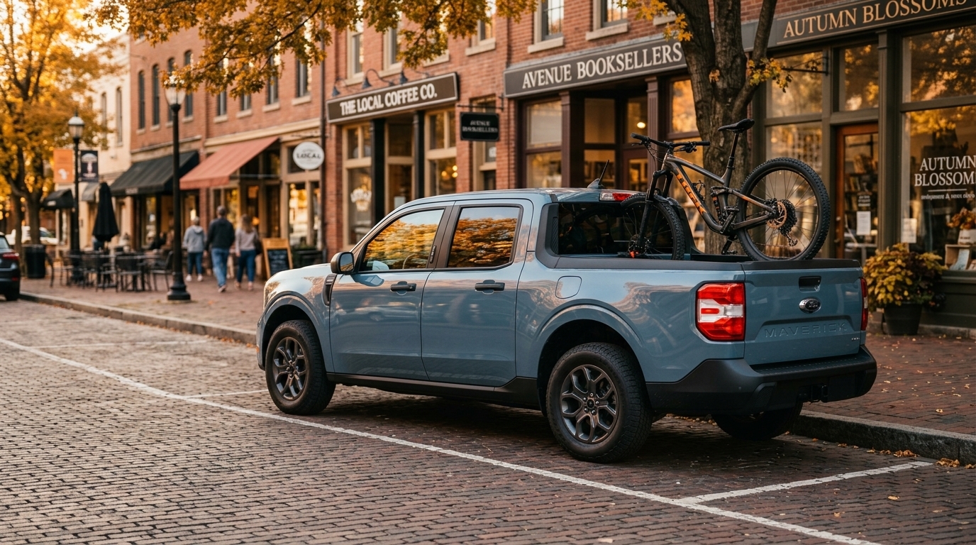 A blue Ford Maverick pickup truck with a mountain bike in its bed, parked on a cobblestone street in autumn. (Representative image for illustration purposes only. Actual vehicle may vary based on trim and configuration.)