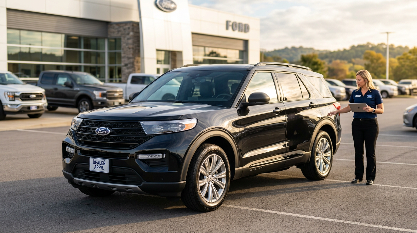 A black Ford Explorer SUV parked on a dealership lot, with a female employee holding a tablet standing nearby. (Representative image for illustration purposes only. Actual vehicle may vary based on trim and configuration.)