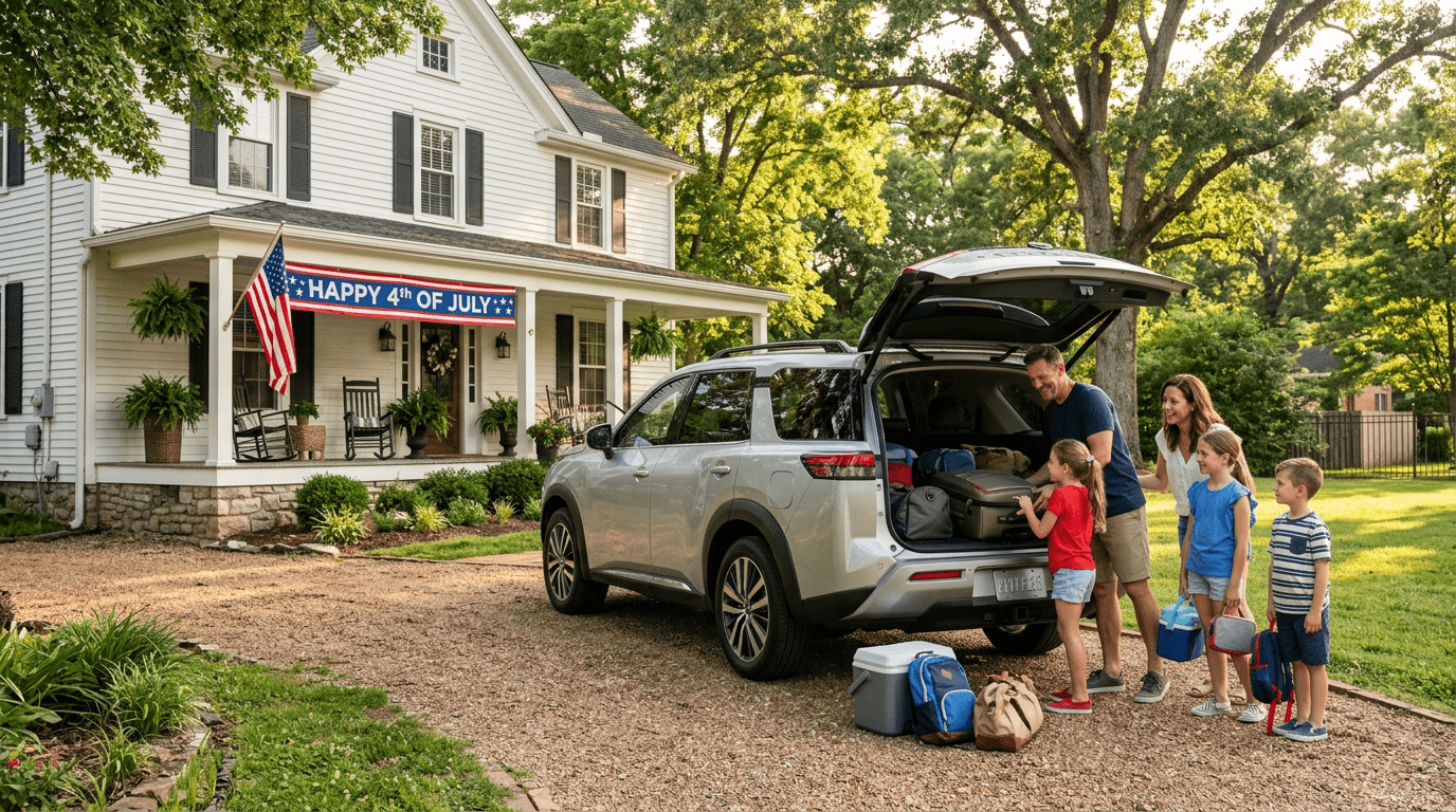 A family packs the trunk of a silver SUV in the driveway of their home decorated for the 4th of July. (Representative image for illustration purposes only. Actual vehicle may vary based on trim and configuration.)