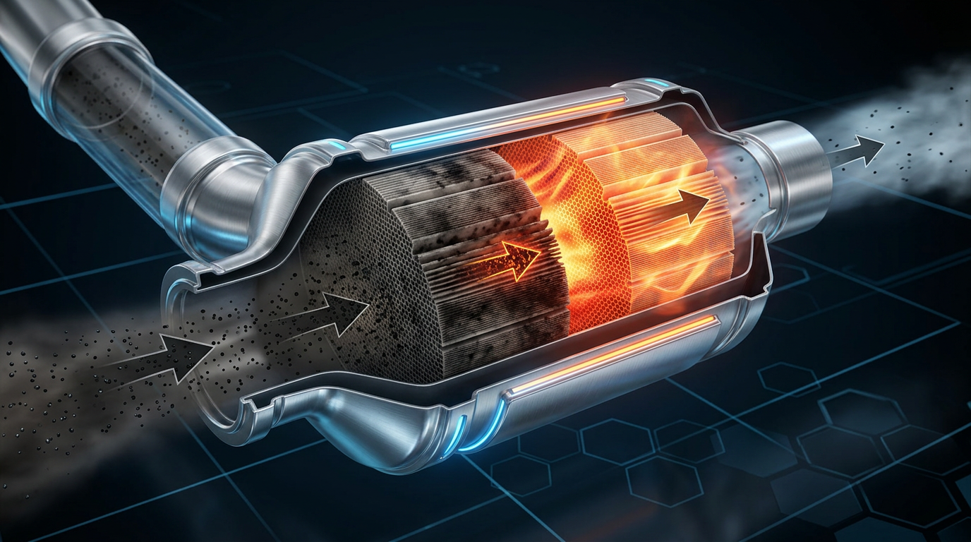 Cutaway illustration of a car catalytic converter showing internal honeycomb structure filtering exhaust gas. (Representative image for illustration purposes only. Actual vehicle may vary based on trim and configuration.)