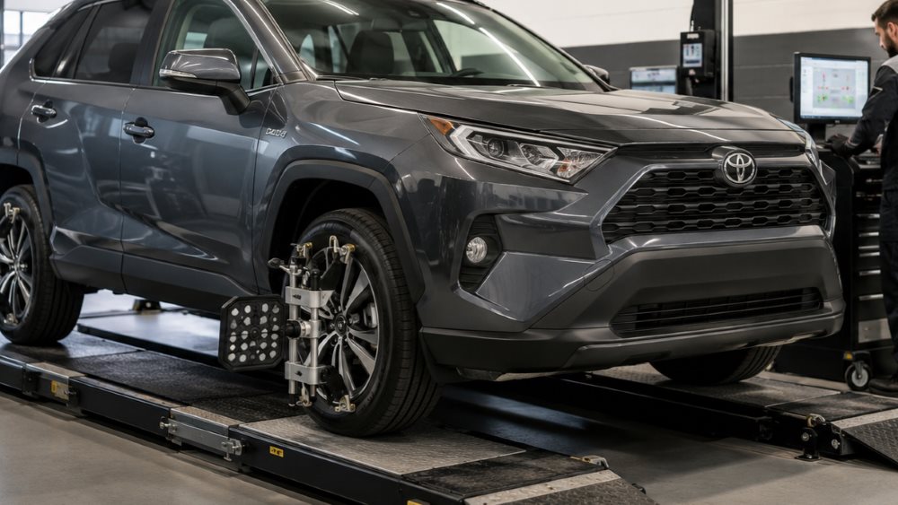 Toyota vehicle on a computerized wheel alignment rack