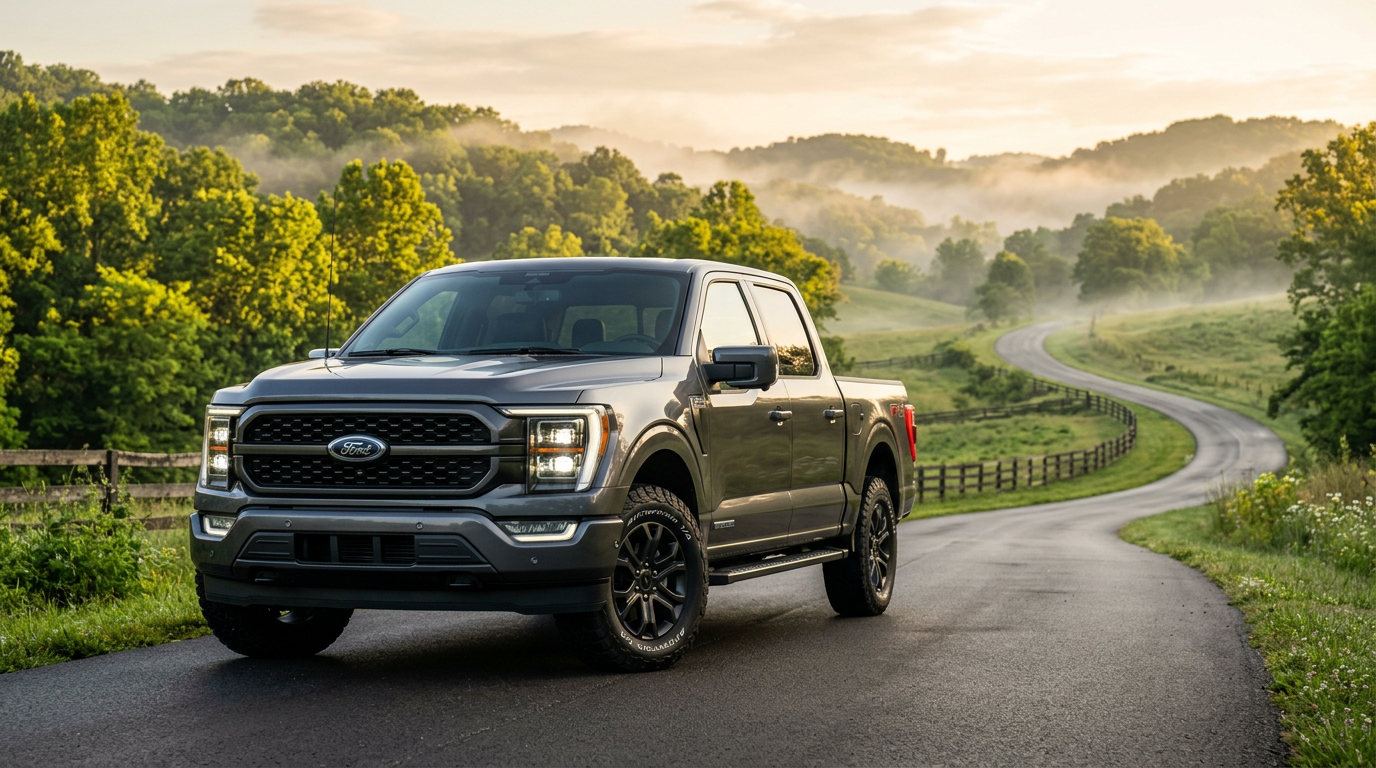 A dark grey Ford F-150 pickup truck parked on a winding asphalt road through misty green hills at sunrise.