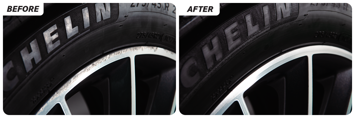Before and after wheel repair showing curb rash removed and the alloy wheel refinished at Feldmann Imports