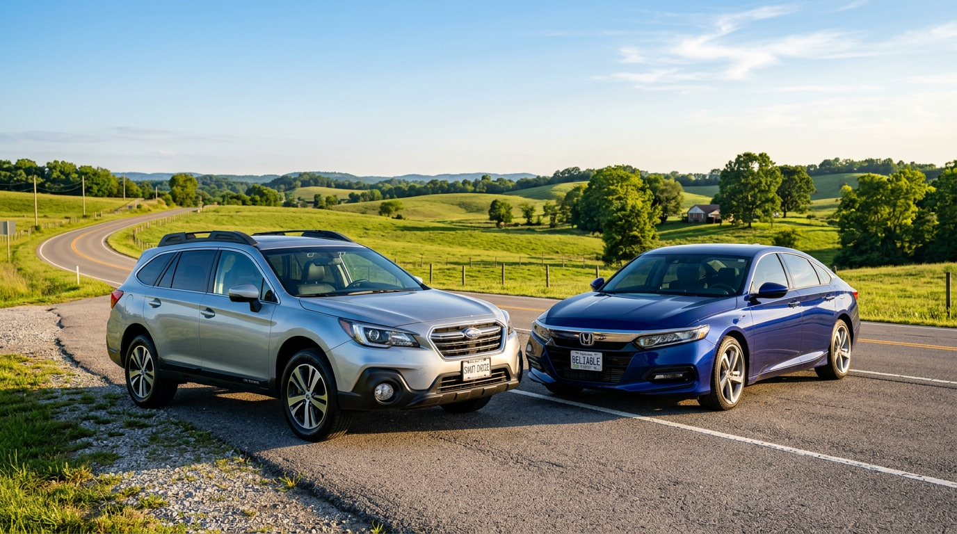 A silver Subaru Outback SUV and a blue Honda Accord sedan parked on a winding asphalt country road.