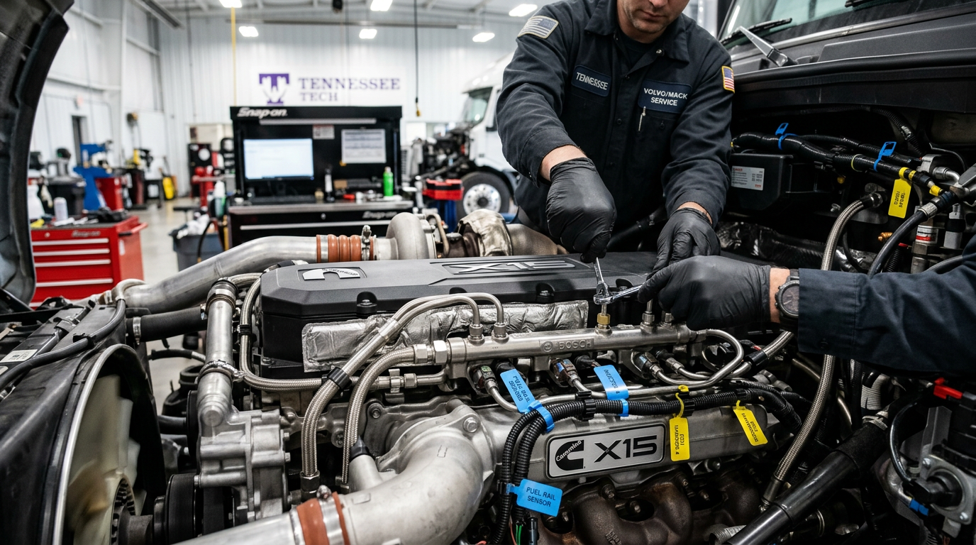 Two mechanics in black gloves use tools to work on a Cummins X15 diesel truck engine in a training facility.