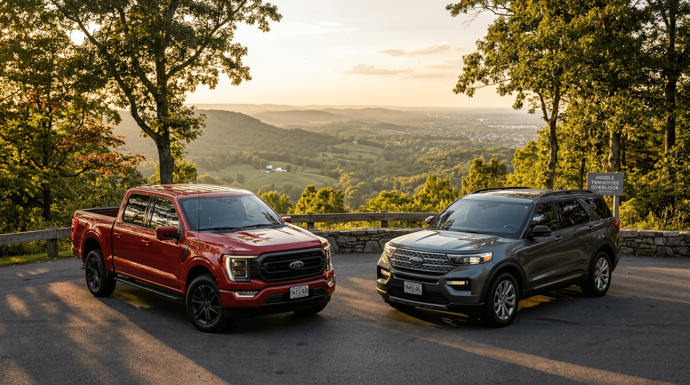 Red Ford F-150 pickup truck and grey Ford Explorer SUV parked at a scenic overlook during a golden sunset.