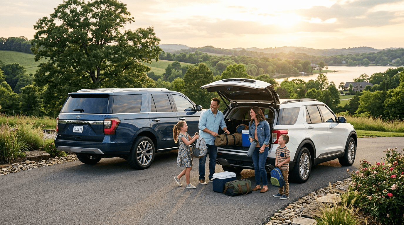 A family of four packing luggage into a white SUV next to a blue SUV with a scenic lake in the background.