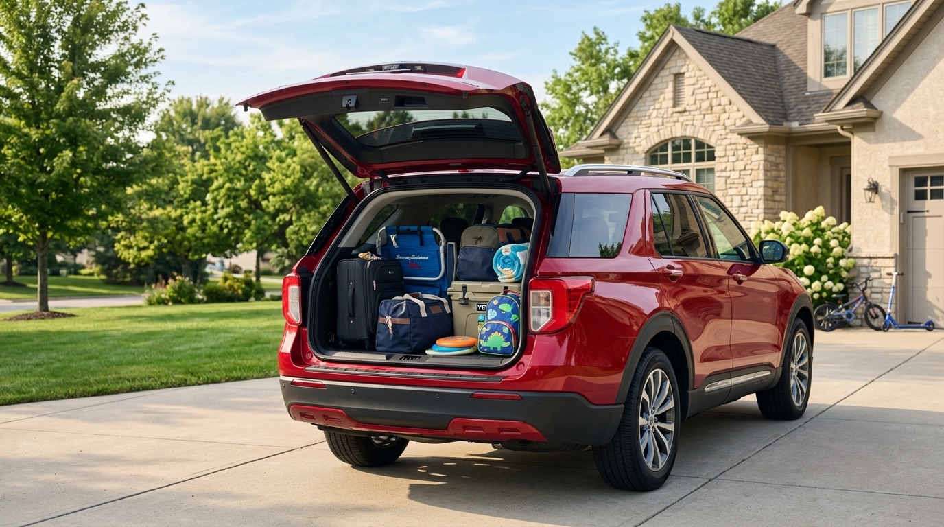 AI generated: Create a realistic, professional automotive lifestyle image featuring a 2026 Ford Explorer packed and ready for a family vacation. Show the Explorer parked in a suburban driveway or scenic roadside setting on a bright summer morning, with the rear liftgate open and neatly packed luggag