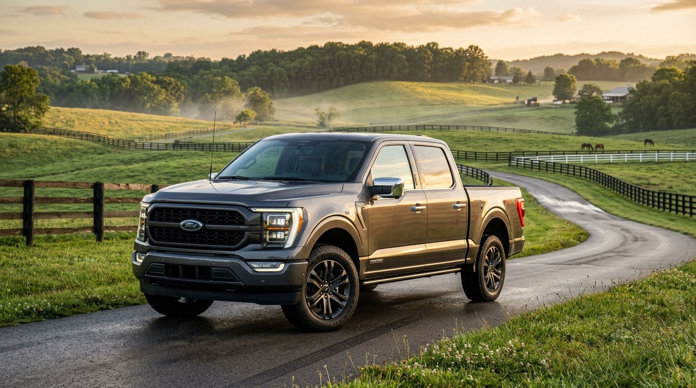 AI generated: Professional automotive photography of a 2026 Ford F-150 pickup truck in a premium metallic charcoal finish, parked on a winding asphalt road through the rolling green hills of Middle Tennessee, low-angle three-quarter front view to emphasize its powerful stance and modern LED lighting