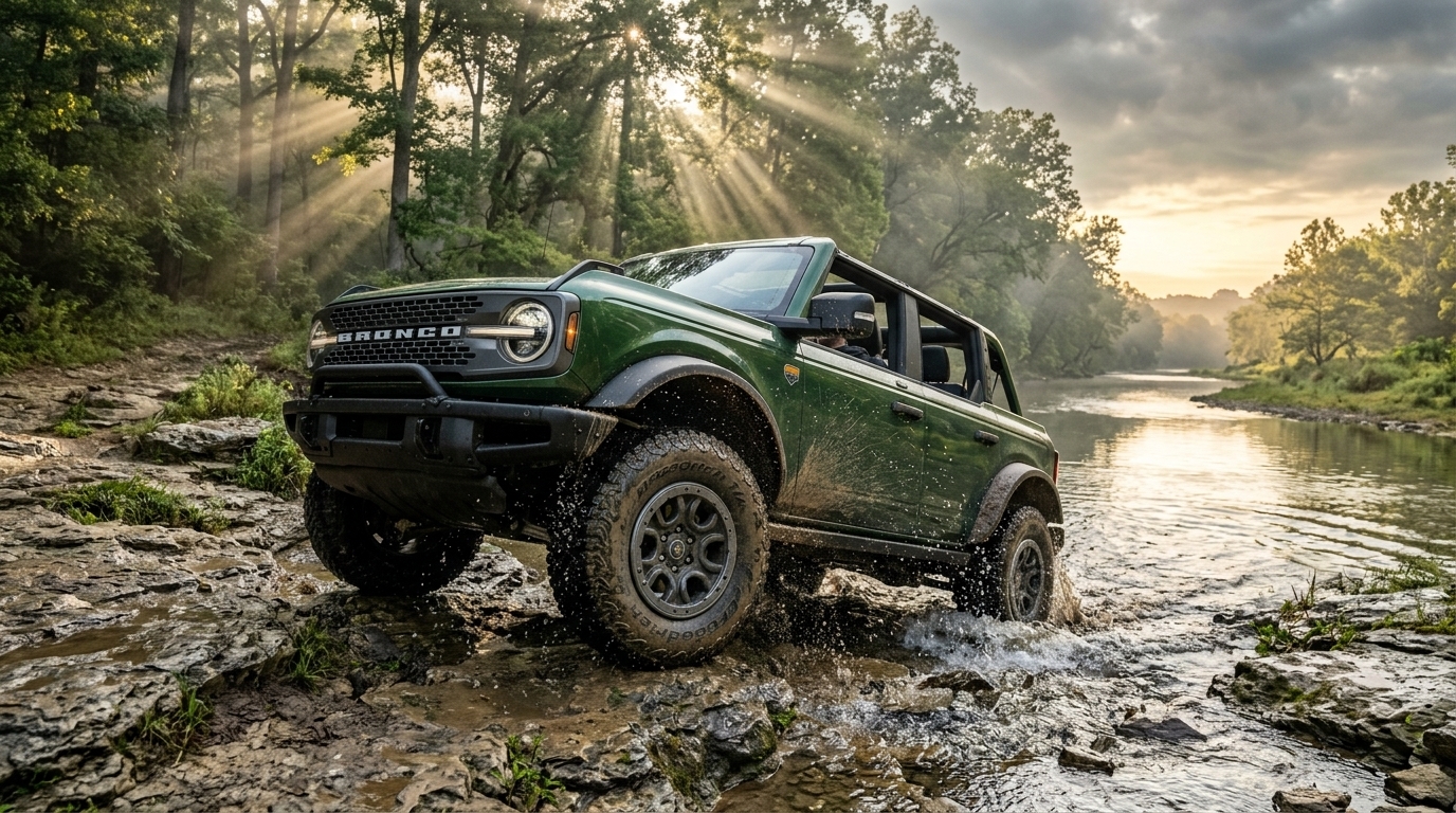 AI generated: Low-angle cinematic shot of a 2026 Ford Bronco in a bold Eruption Green finish, navigating a rugged limestone-strewn trail in the lush rolling hills near Murfreesboro, Tennessee, the Stones River visible in the background reflecting the soft glow of a golden sunrise, early morning mist clinging to a dense forest of oak and hickory trees, sunlight filtering through the canopy in sharp god rays, vehicle splashing through a shallow rocky creek with crystal clear water droplets frozen in mid-air, modular roof panels removed to showcase the open-air adventure design, detailed all-terrain tires gripping the uneven muddy earth, hyper-realistic automotive photography style, vivid earthy color palette, adventurous and powerful mood, crisp textures of damp stone and polished metal, 8k resolution.