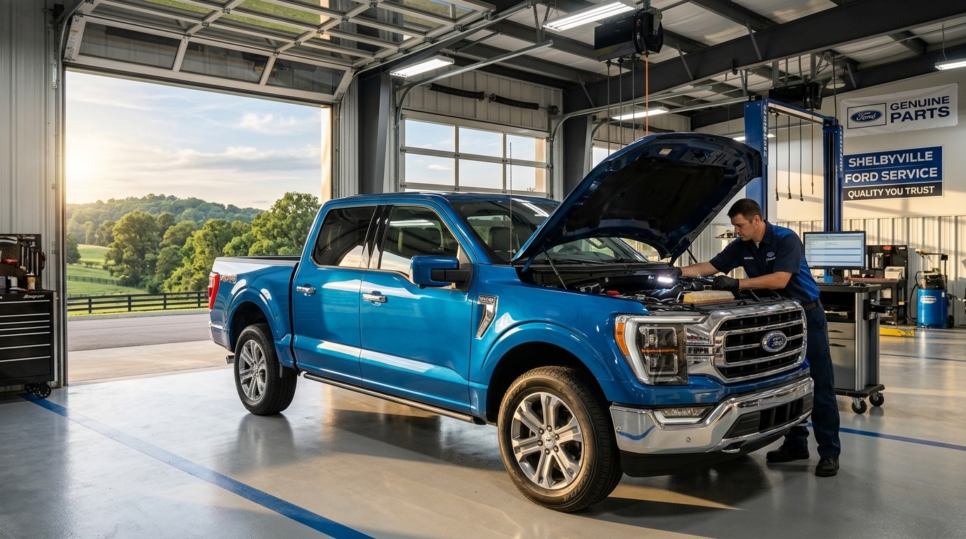 AI generated: A high-resolution, photorealistic wide shot of a modern metallic blue Ford F-150 parked inside a pristine, state-of-the-art automotive service center in Shelbyville, Tennessee, a professional technician in a clean uniform performing a detailed multi-point inspection under the open hood, bright and cinematic industrial lighting mixed with warm golden sunlight streaming through a large open garage bay door, rolling green hills and Southern oak trees visible in the distant background under a clear sky, low-angle three-quarter view focusing on the polished chrome grille and sleek LED headlights, clean and organized workshop environment with modern diagnostic tools, color palette of deep Ford blues, metallic silvers, and lush Tennessee greens, mood of reliability, trust, and expert American engineering, sharp focus, shallow depth of field.
