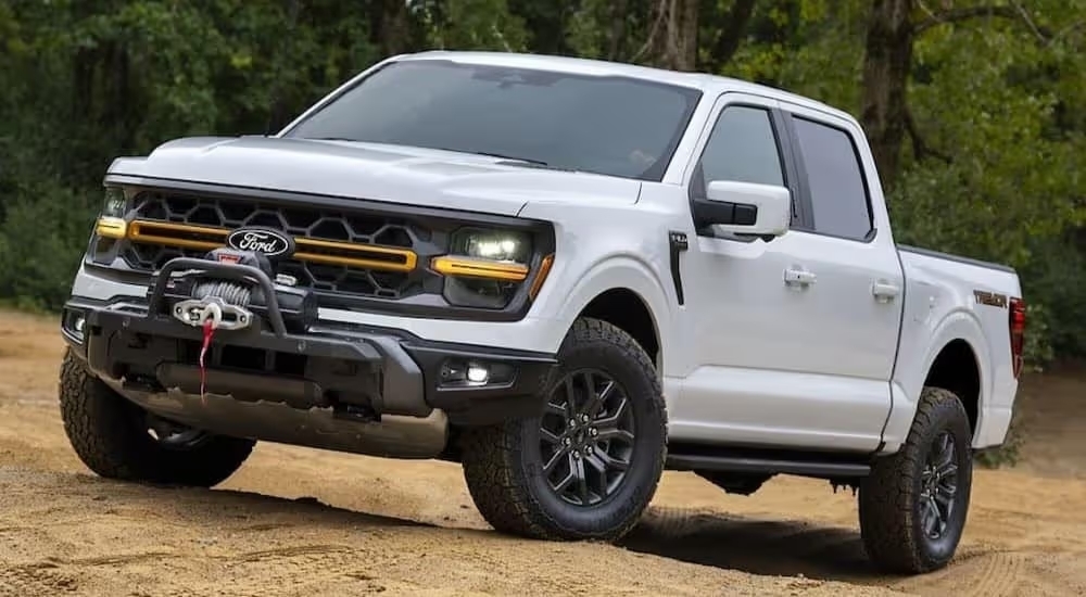 A white 2024 Ford F-150 Tremor is shown parker off-road after viewing a Ford F-150 for sale.