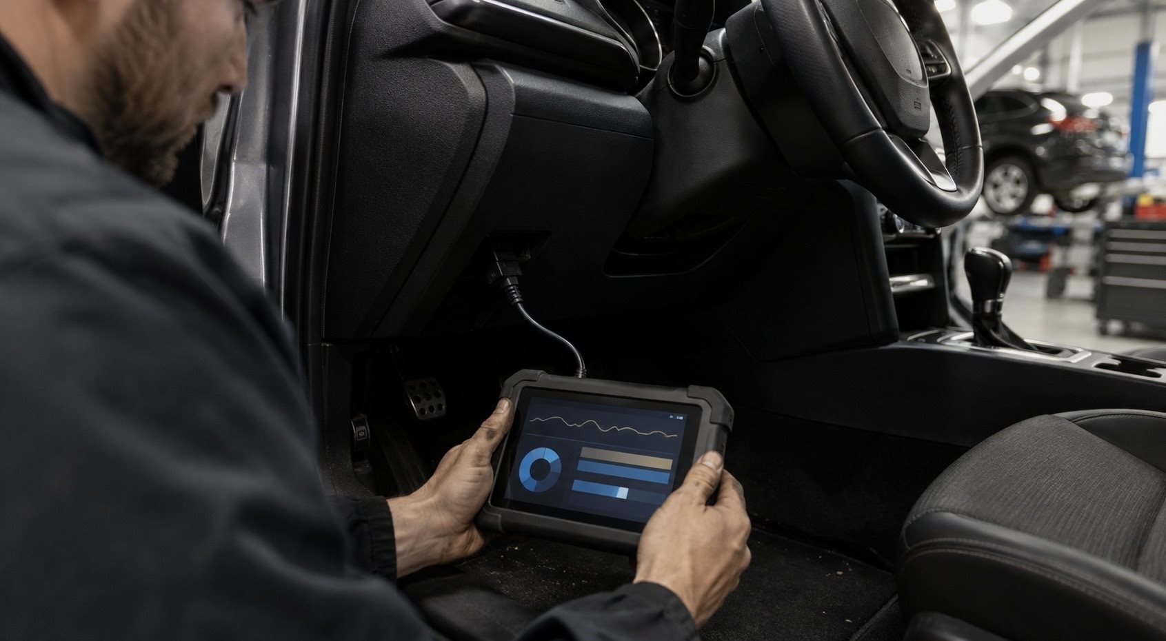 Honda technician performing computerized vehicle diagnostics